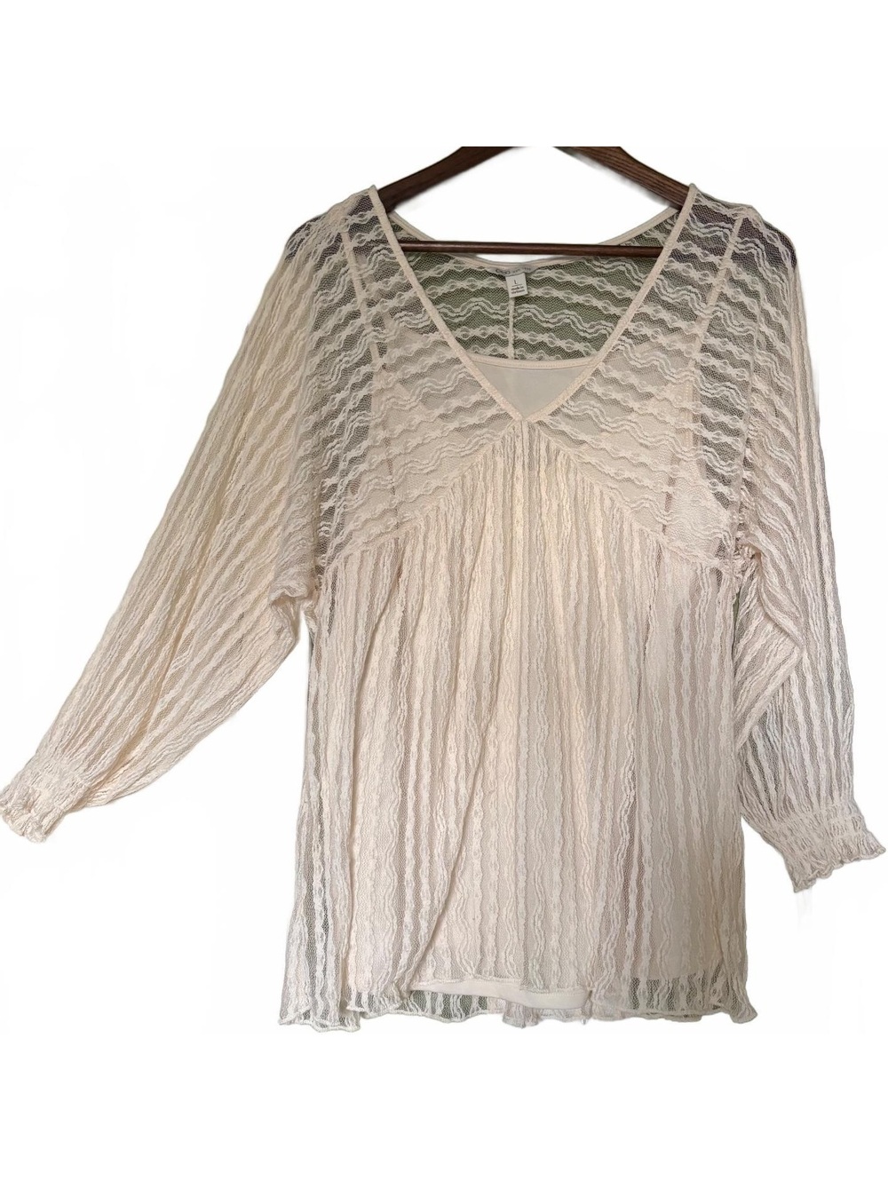 Fairycore Bohemian Cream Lace V-Neck Long Sleeve Blouse Size